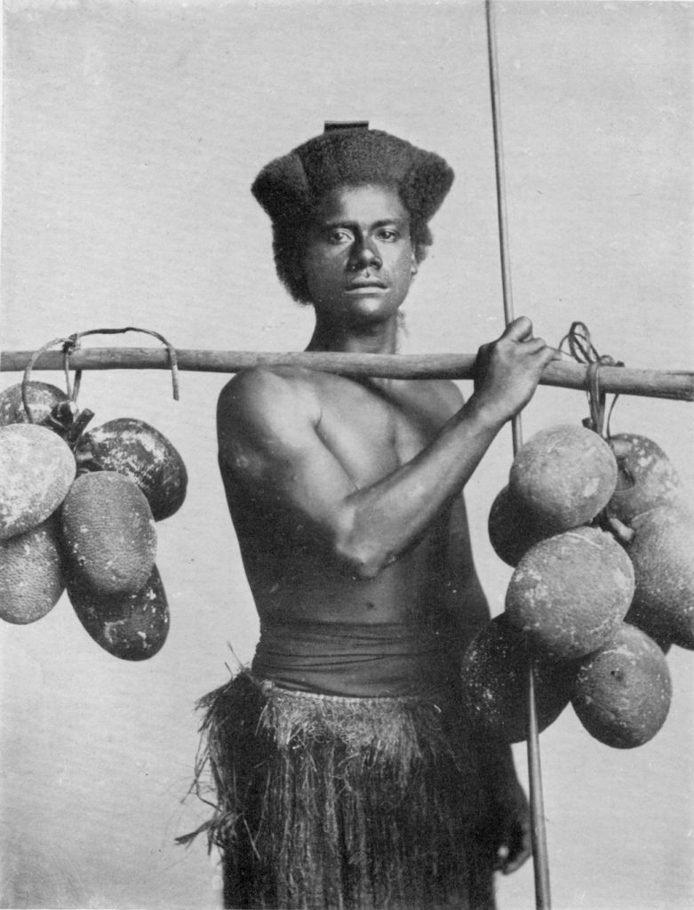 Fijian man carrying breadfruit