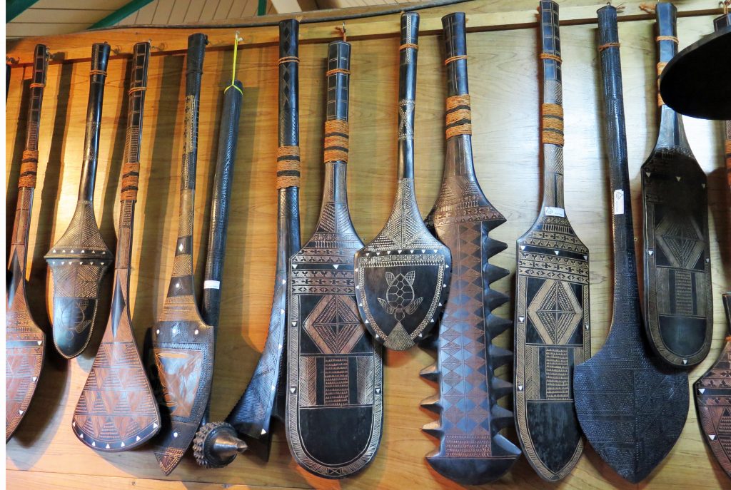Finely crafted war clubs and other carvings can be found at the Curio and Handicraft Centre.