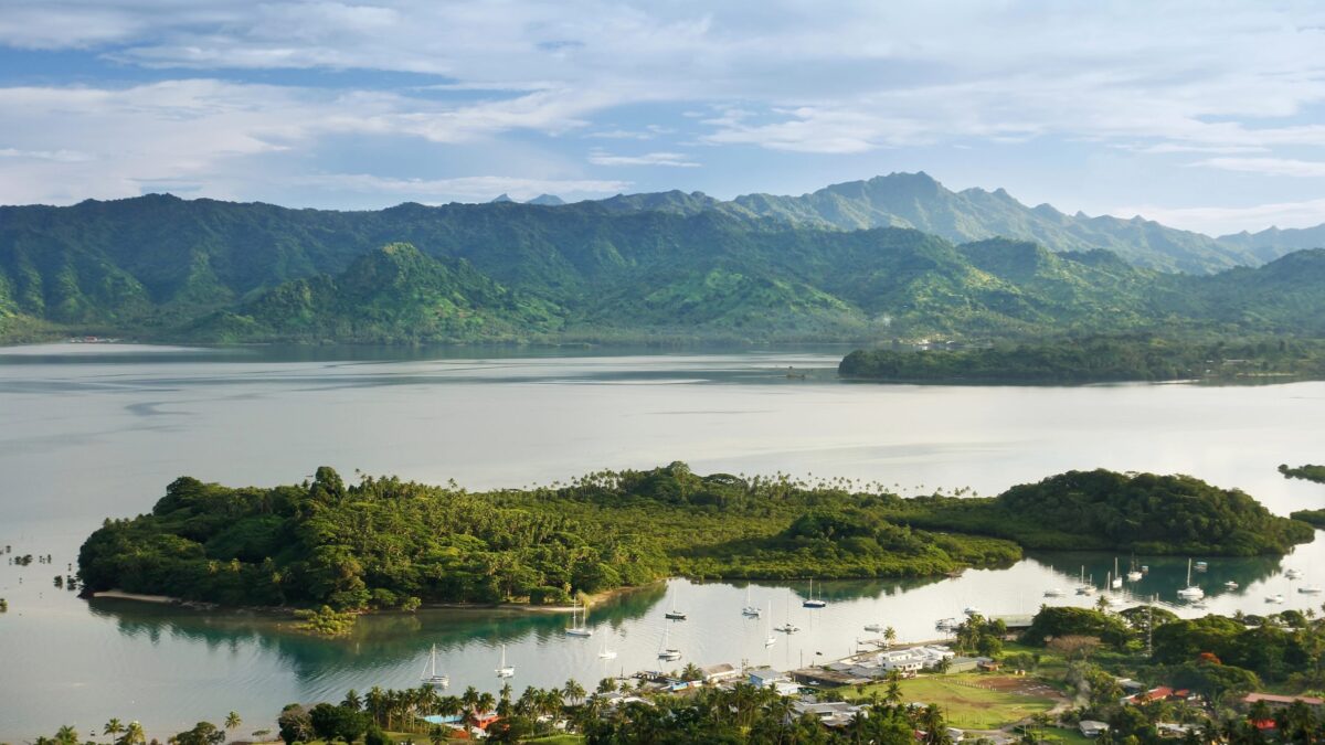 A panoramic view of Savusavu Bay on Vanua Levu, Fiji, where Tavola offers a private eco-luxury honeymoon escape.